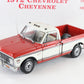 A 1972 Chevrolet Cheyenne model truck in a red and white color scheme, displayed on a white background with a sign reading '1972 CHEVROLET CHEYENNE' and 'OPEN HERE'.