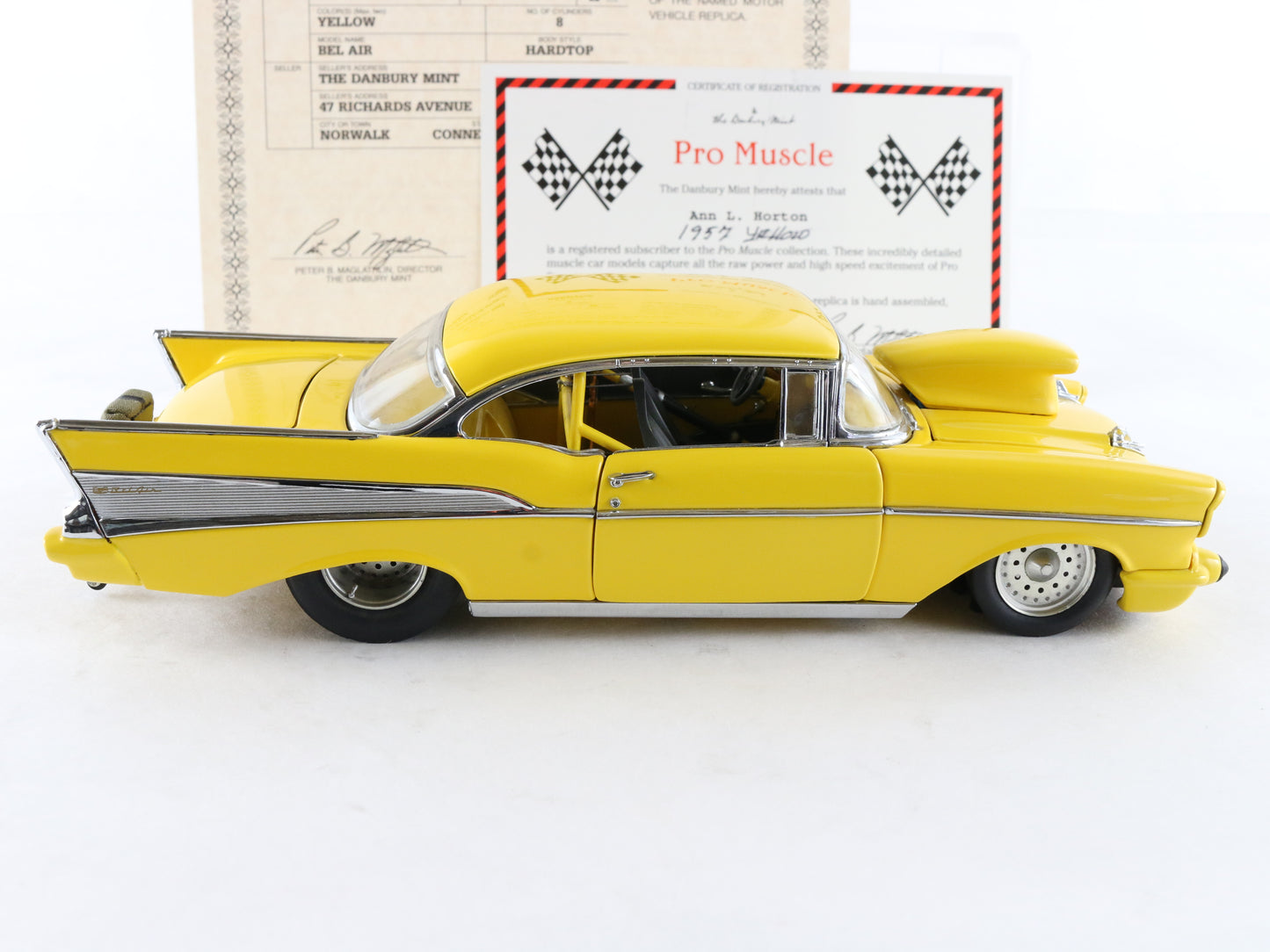 1957 Chevrolet Bel Air Pro Street Hardtop Yellow Danbury Mint 1:24 Model Car