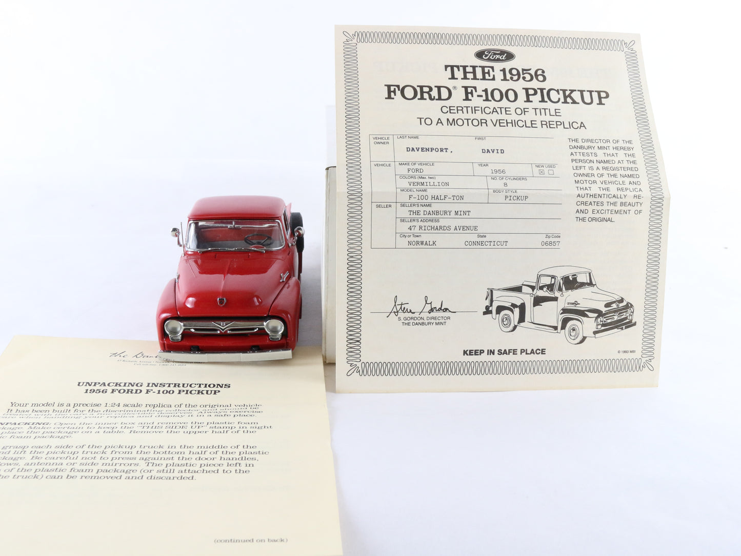 1956 Ford F-100 Half-Ton Pickup Truck Red Danbury Mint 1:24 Diecast Model Car