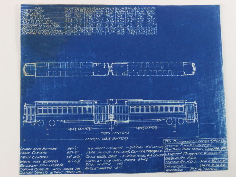 Milwaukee Electric Plan Elevation Three Truck Cars 196-495 Blueprint 1922 9.75"