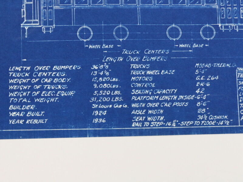 Milwaukee Electric Plan & Elevation Cars 751-760 Trolley Blueprint 1929 11"