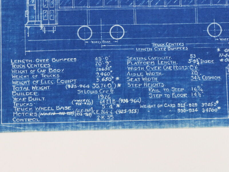 Milwaukee Electric Plan & Elevation Cars 925-964 Trolley Blueprint 1927 11"