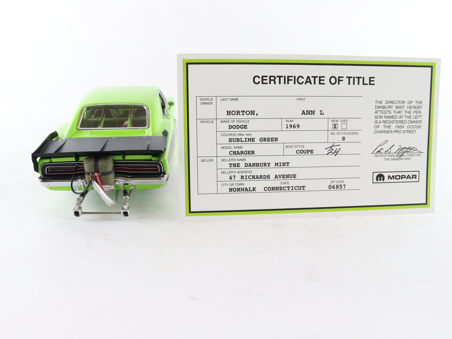 1969 Dodge Charger HEMI Pro Street Green Dragster Danbury Mint 1:24 Model Car