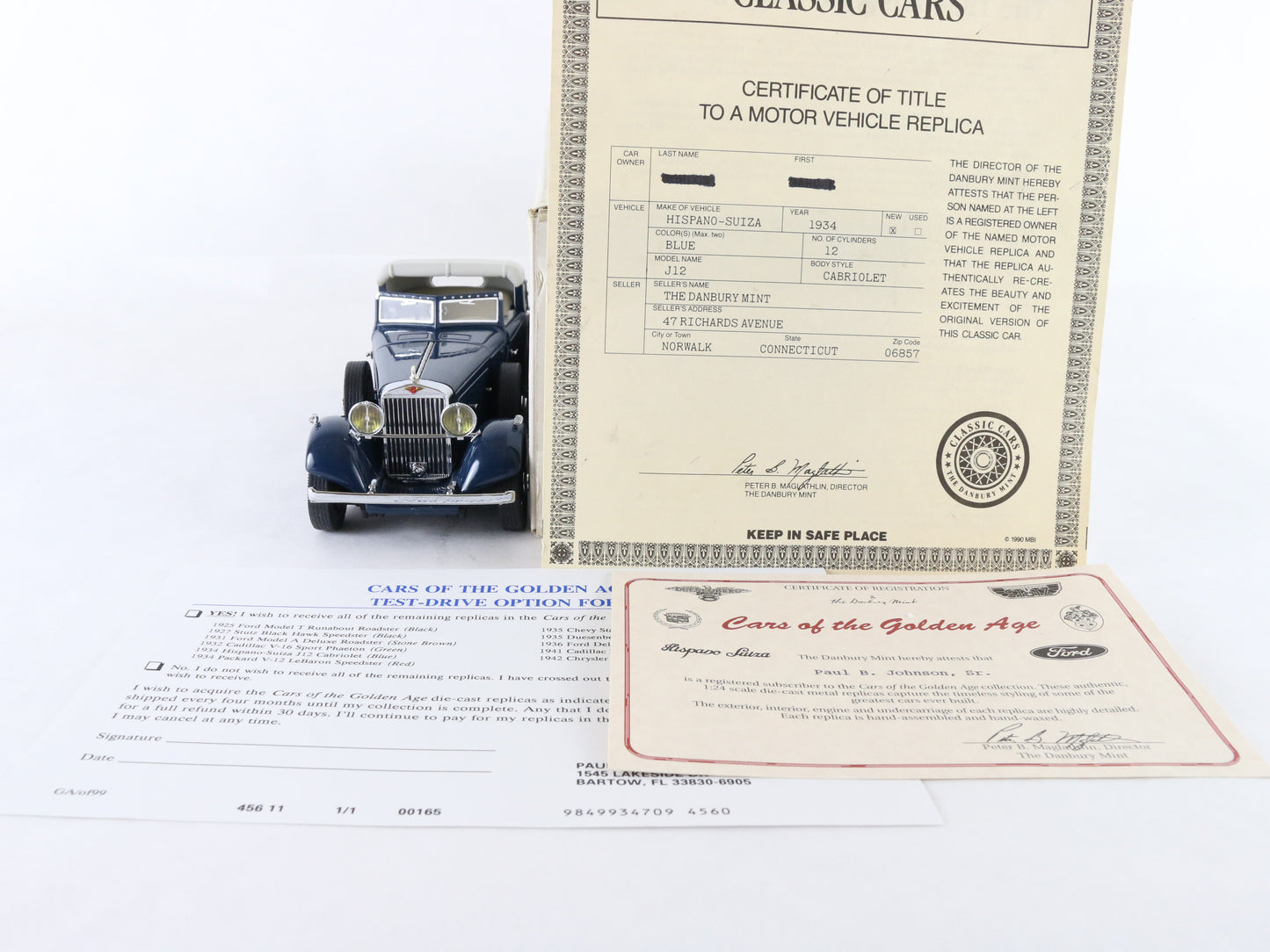 1934 Hispano Suiza J12 Blue White Cars Golden Age Danbury Mint 1:24 Diecast