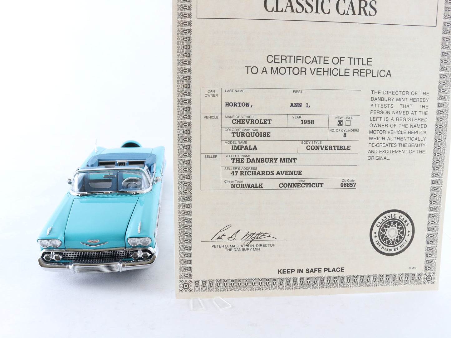 1958 Chevrolet Impala Convertible Turquoise Danbury Mint 1:24 Model Car