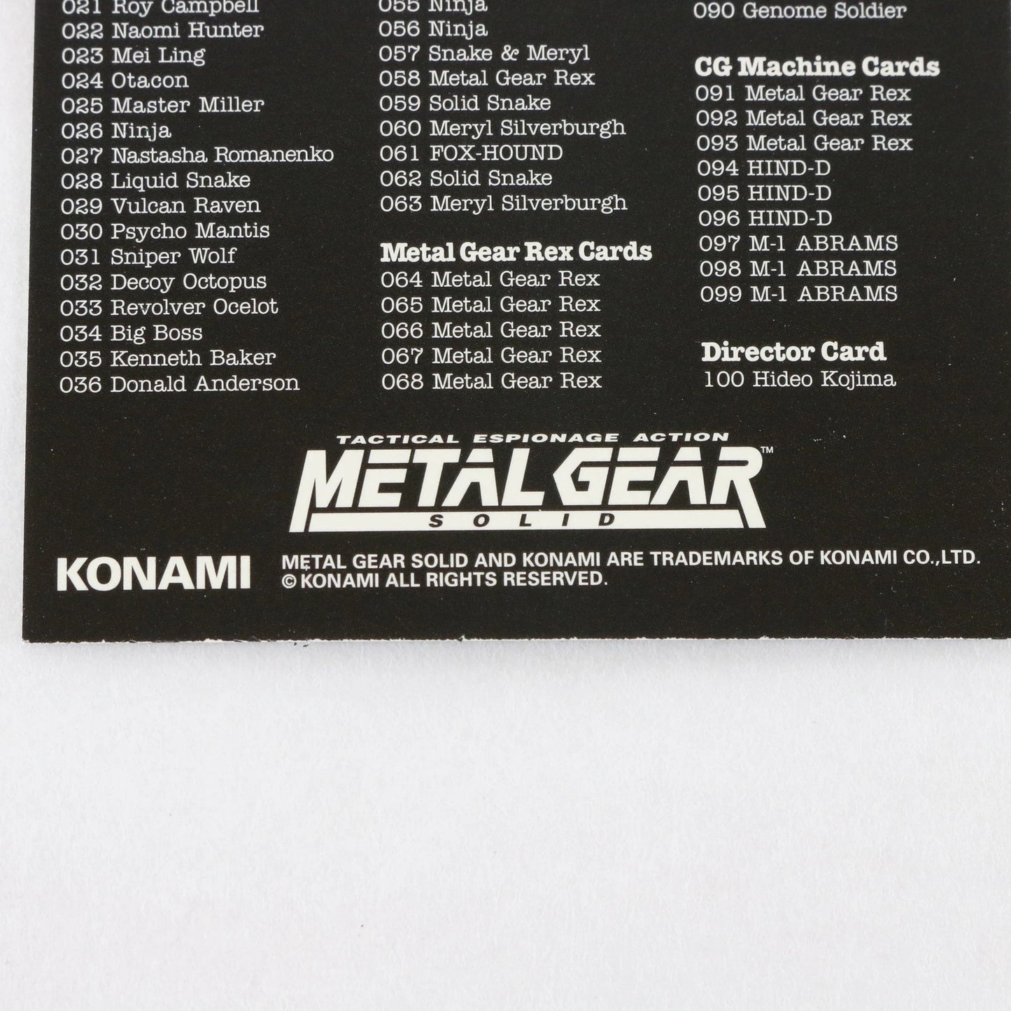 Metal Gear Solid Trading Card Liquid Snake Checklist Konami Playstation
