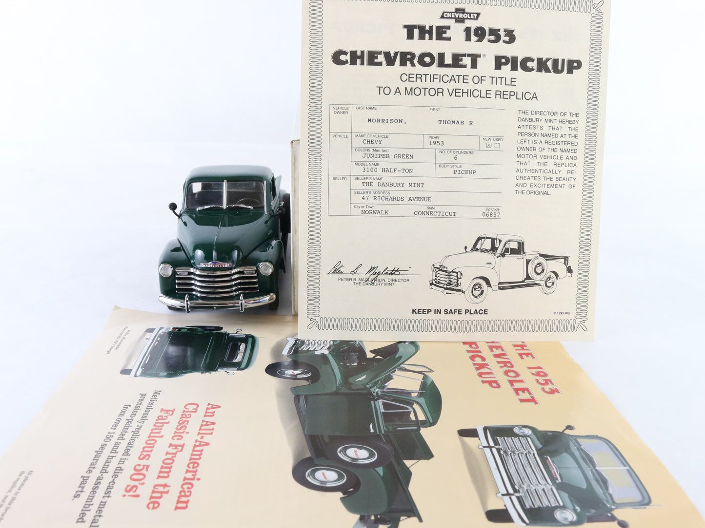 1953 Chevrolet 3100 Half-Ton Pickup Juniper Green Danbury Mint 1:24 Diecast