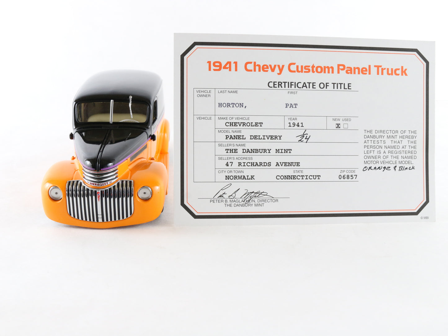 1941 Chevrolet Panel Custom Truck Sixpak Orange Black Danbury Mint 1:24 Model