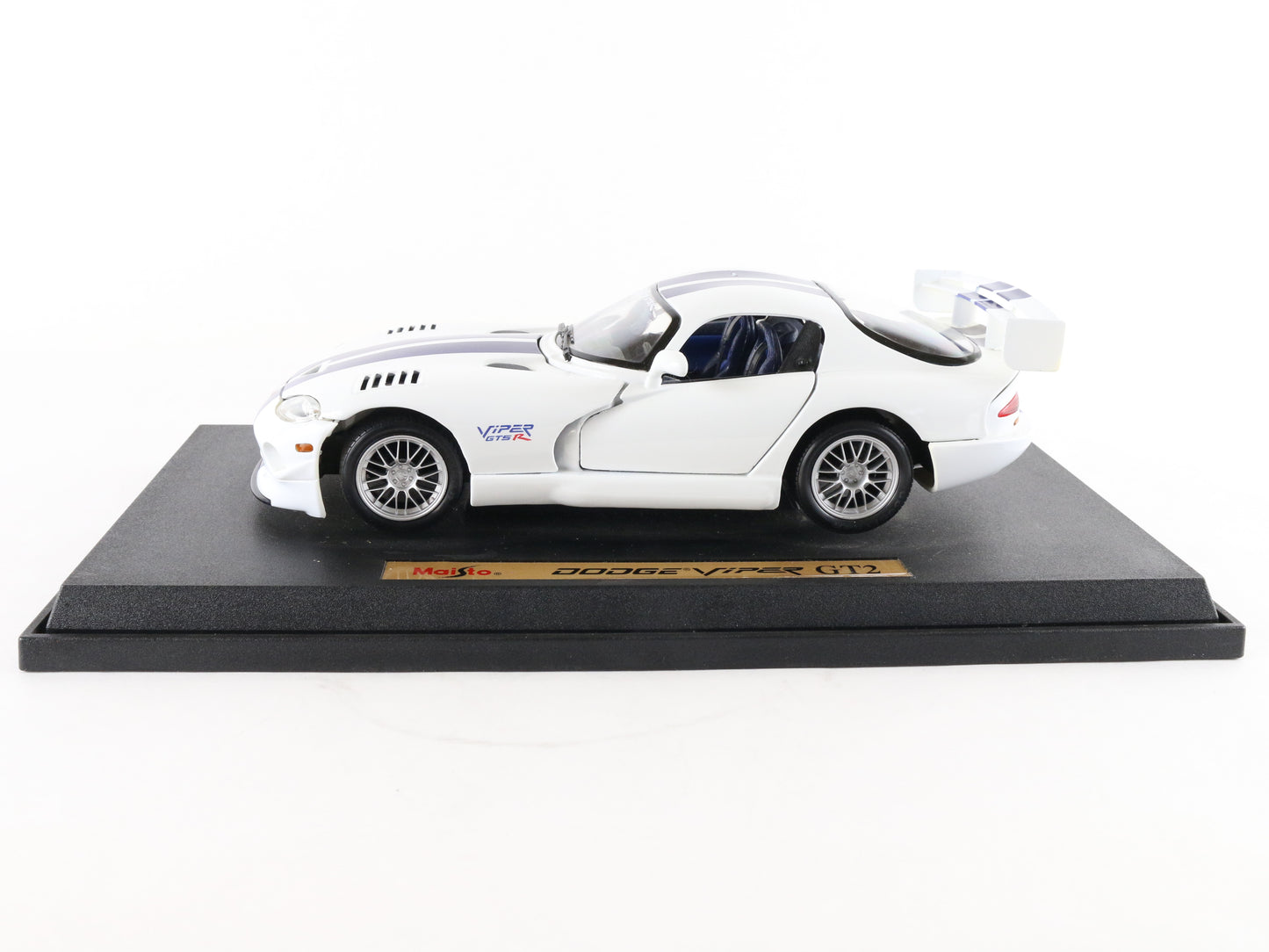 Dodge Viper Gt2 White & Blue Maisto 1:18 Diecast Model Car W/ Stand