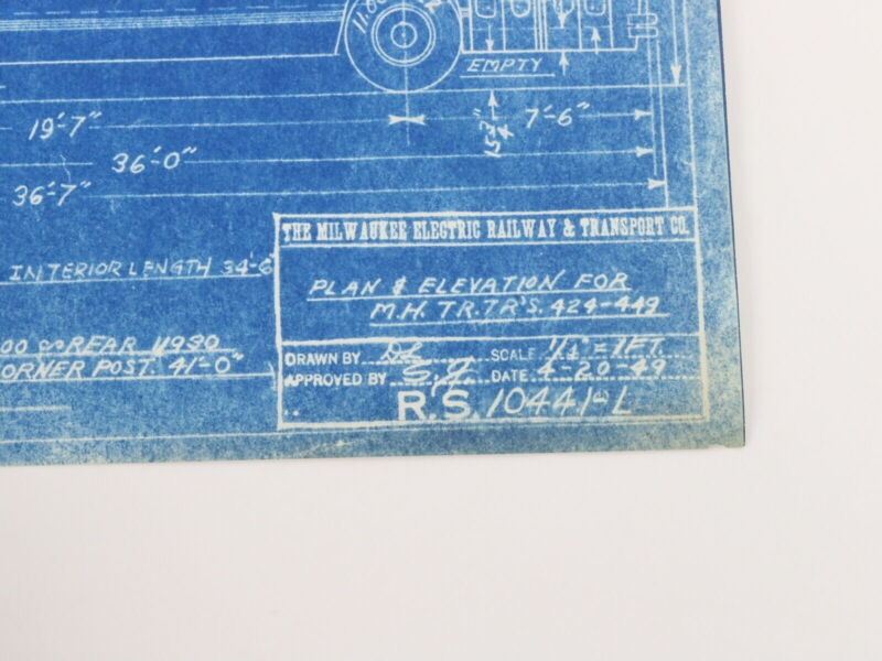 Milwaukee Electric Plan & Elevation Mh TR TRS 424-449 Trolley Blueprint 1949 11"