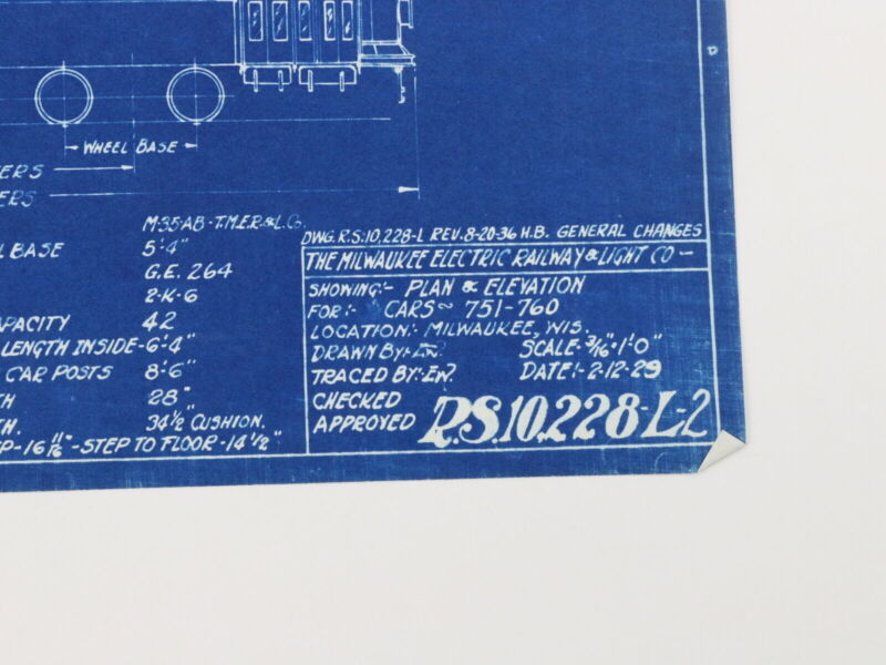 Milwaukee Electric Plan & Elevation Cars 751-760 Trolley Blueprint 1929 11"