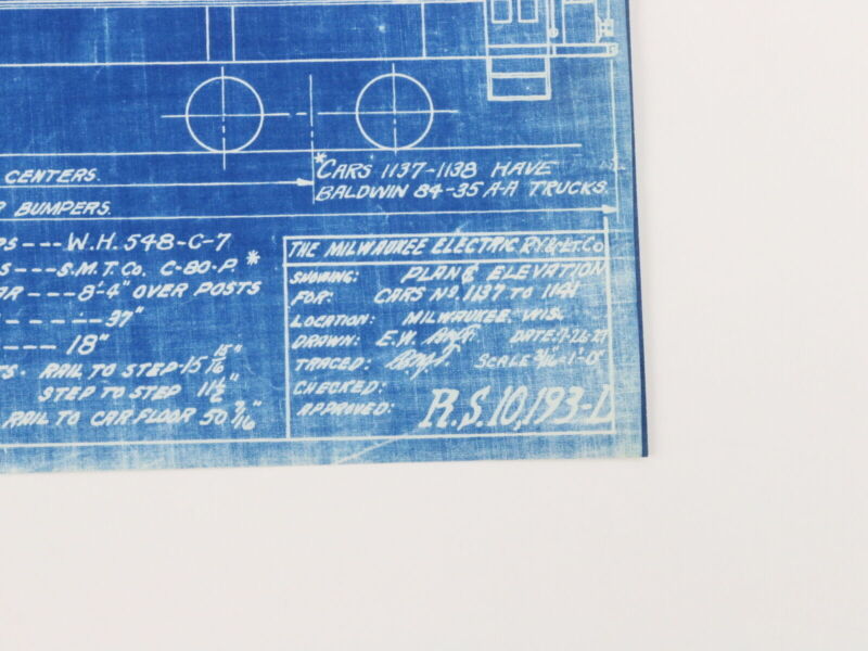 Milwaukee Electric Plan & Elevation Cars 1137-1141 Trolley Blueprint 1927 11"