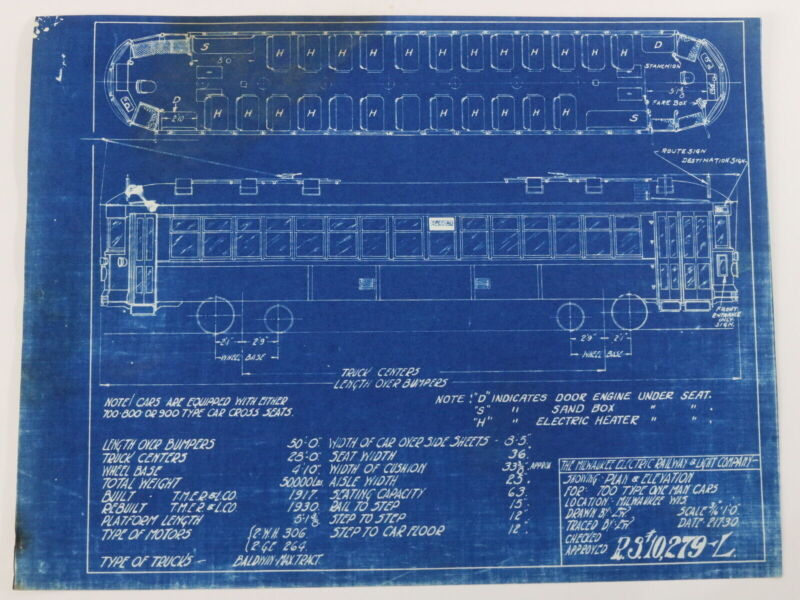 Milwaukee Electric Plan & Elevation 700 Type One Man Cars Blueprint 1930 11"