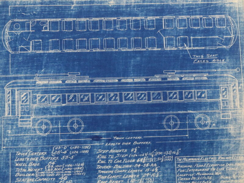 Milwaukee Electric Plan & Elevation Car 1126-1132 Trolley Blueprint 1924 11"