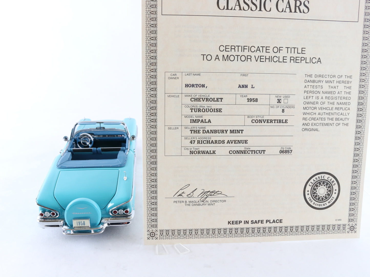 1958 Chevrolet Impala Convertible Turquoise Danbury Mint 1:24 Model Car