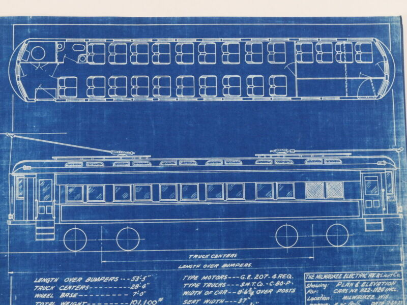 Milwaukee Electric Plan & Elevation Car 1122-1124 Trolley Blueprint 1927 11"