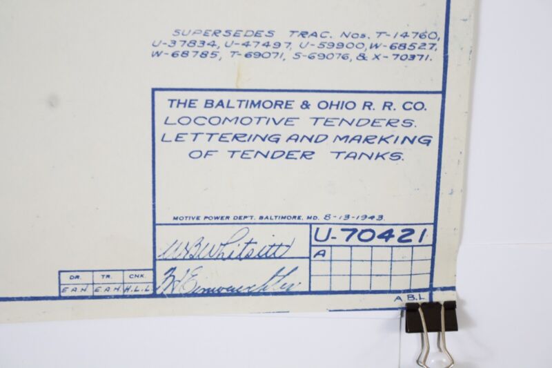 Baltimore & Ohio Loco Tenders Lettering & Marking U-70421A 1943 Blueprint 24���