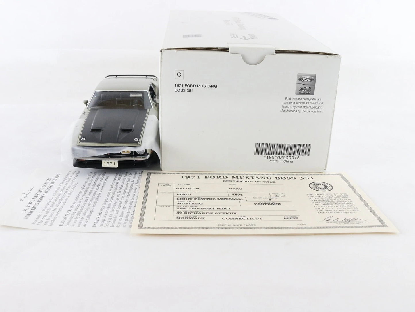1971 Ford Mustang Boss 351 Fastback Metallic Pewter Danbury Mint 1:24 Diecast