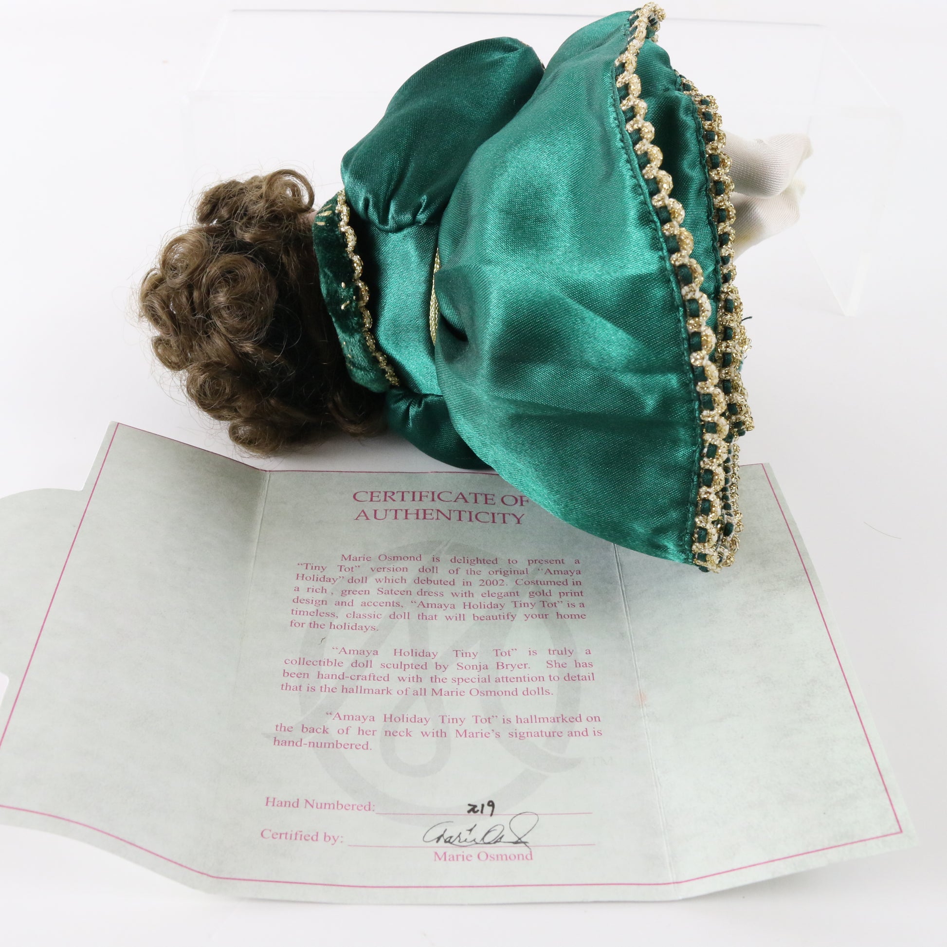 Tiny Tot Amaya Holiday Doll Marie Osmond 7" Porcelain Girl 219 W/ Green Dress