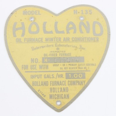 Vintage Holland Oil Furnance Winter Air Conditioner Model H-135 Plaque 4.5"
