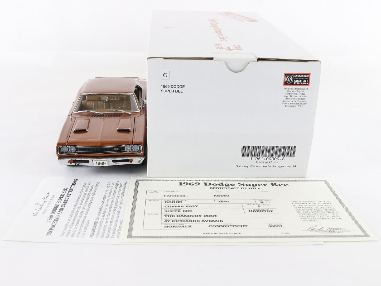 1969 Dodge Super Bee Hardtop Copper Poly Brown Danbury Mint 1:24 Diecast Model
