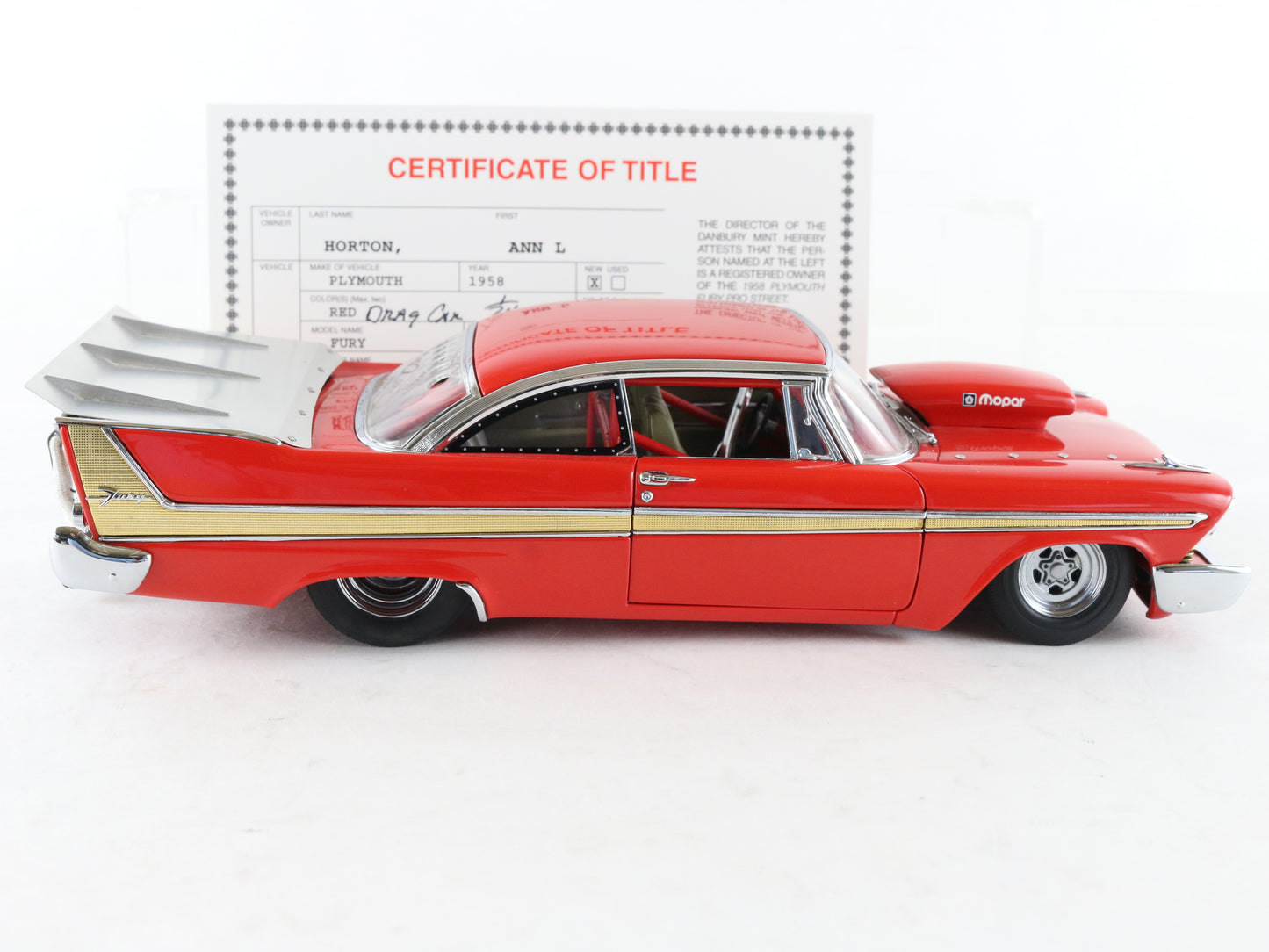 1958 Plymouth Fury Pro Street Red Dragster Danbury Mint 1:24 Model Car