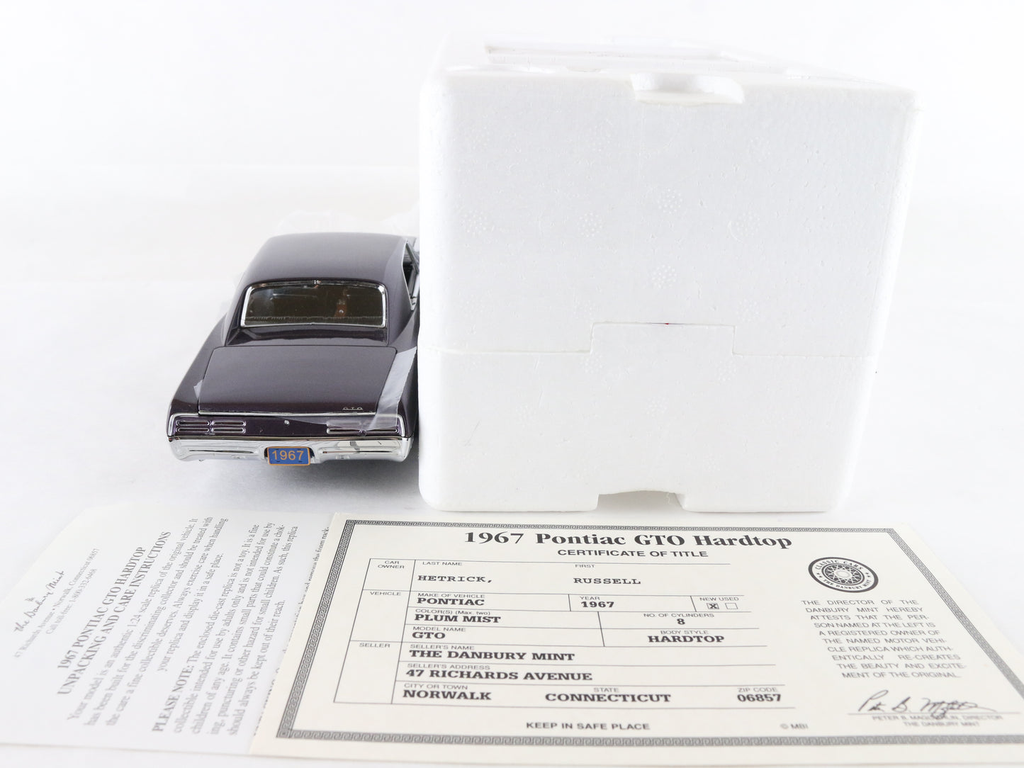 1967 Pontiac GTO Hardtop Plum Mist Purple Danbury Mint 1:24 Diecast Model