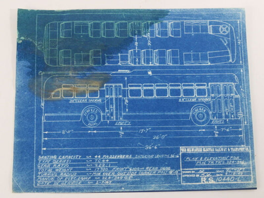 Milwaukee Electric Plan & Elevation Mh TR TRS 324-349 Trolley Blueprint 1949 11"