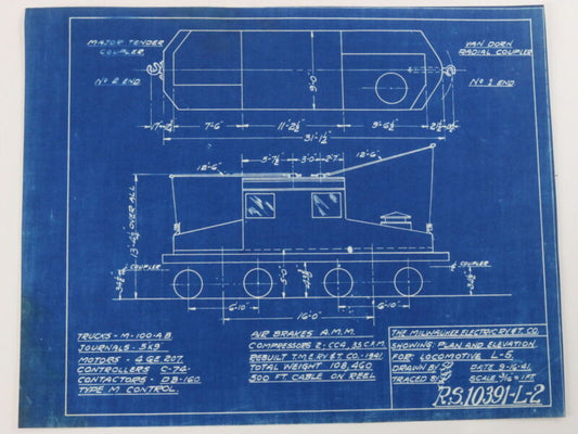 Milwaukee Electric Plan & Elevation Locomotive L-5 Trolley Blueprint 1941 11"