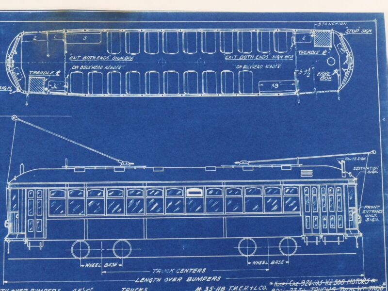 Milwaukee Electric Plan & Elevation Cars 900-924 Trolley Blueprint 1927 11"