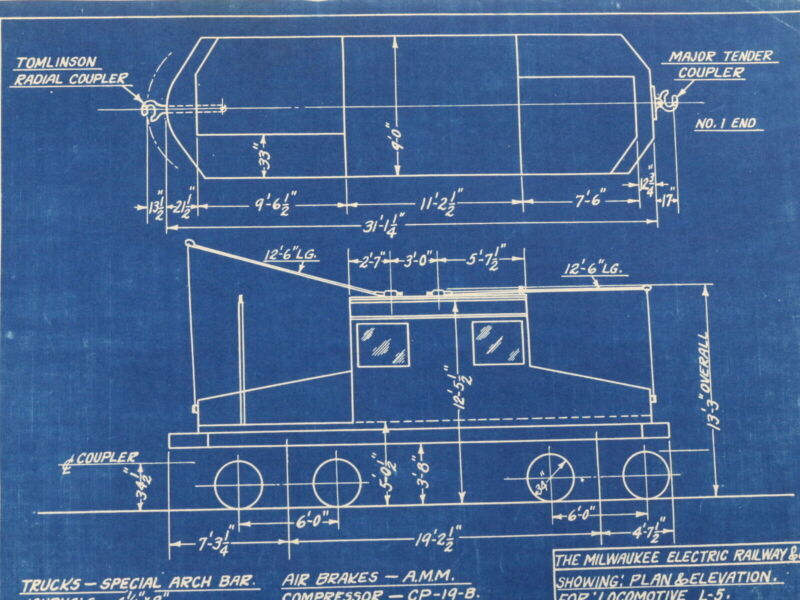 Milwaukee Electric Plan & Elevation L-5 Locomotive Trolley Blueprint 1935 11"