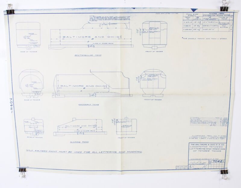 Baltimore & Ohio Loco Tenders Lettering & Marking U-70421A 1943 Blueprint 24���