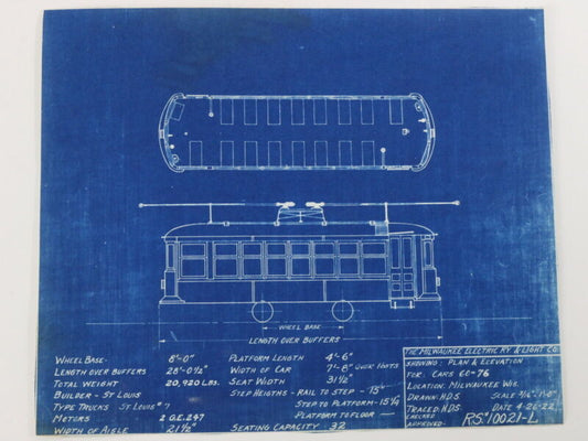 Milwaukee Electric Plan & Elevation Cars 60-76 Trolley Blueprint 1922 10"