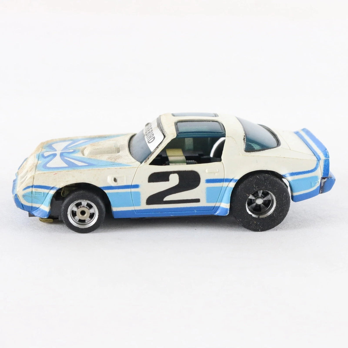 Aurora AFX Pontiac Firebird #2 White Blue Screecher Slotless HO Slot Car