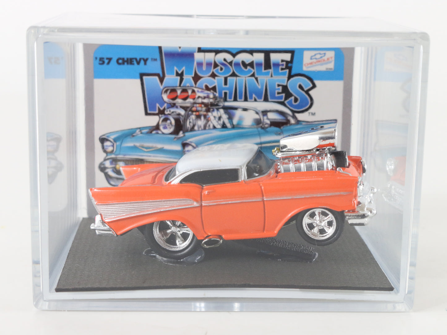 1957 '57 Chevy Orange Supercharged Muscle Machines Funline 1:64 W/ Custom? Case