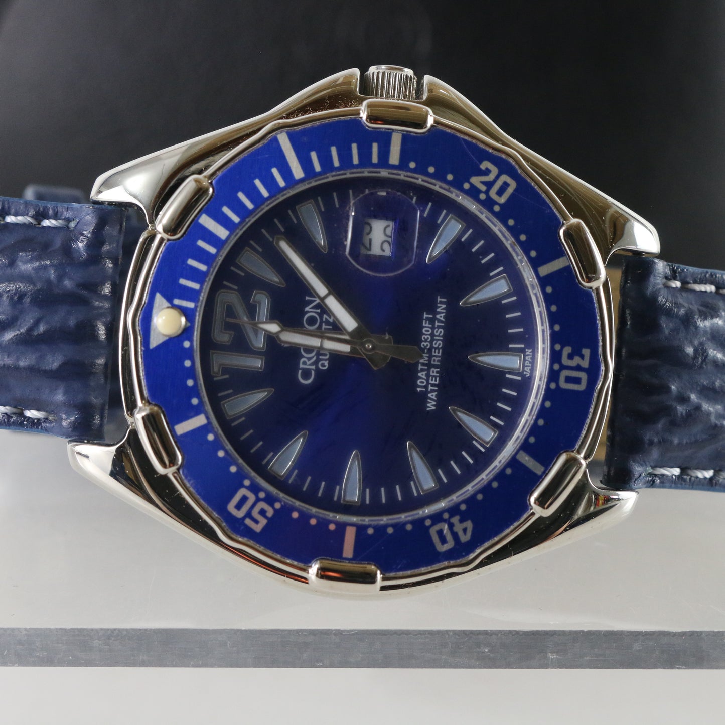 Croton Japan Quartz Mens Watch Blue & Silver Stainless Steel Leather Band 10 Atm