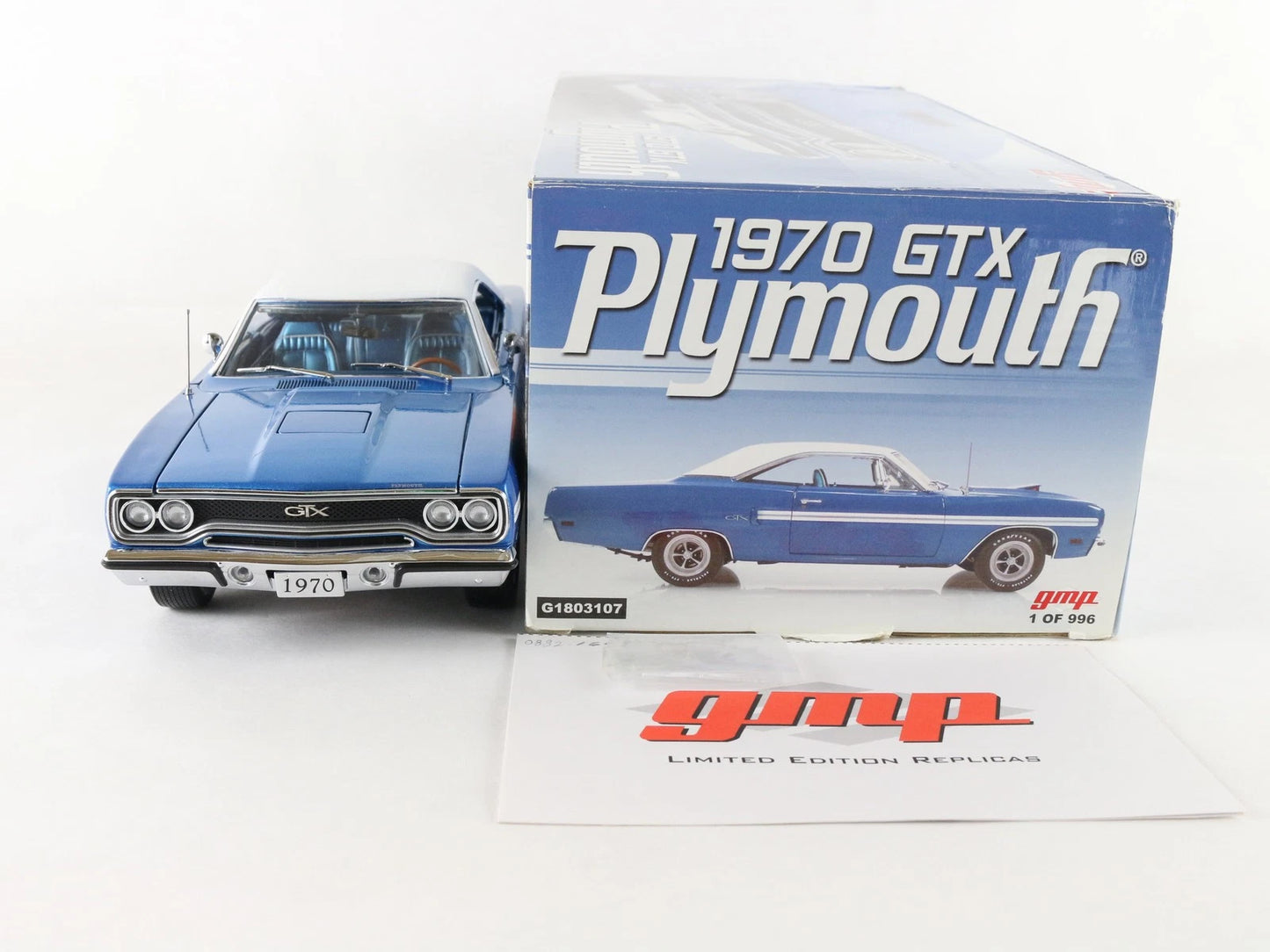 1970 Plymouth GTX Blue & White GMP 1:18 Diecast Model Car 1 Of 996 G1803107