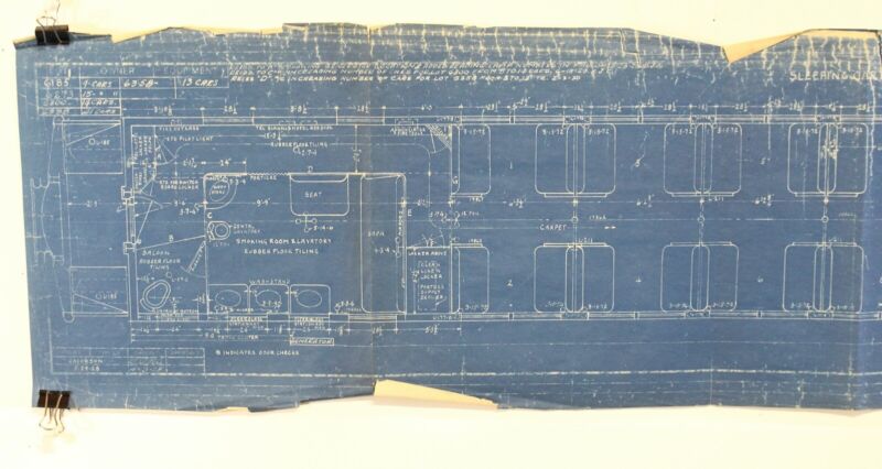 Vintage Train Blueprint of Overhead Passenegr Car View Smoking Room, Dining 42���