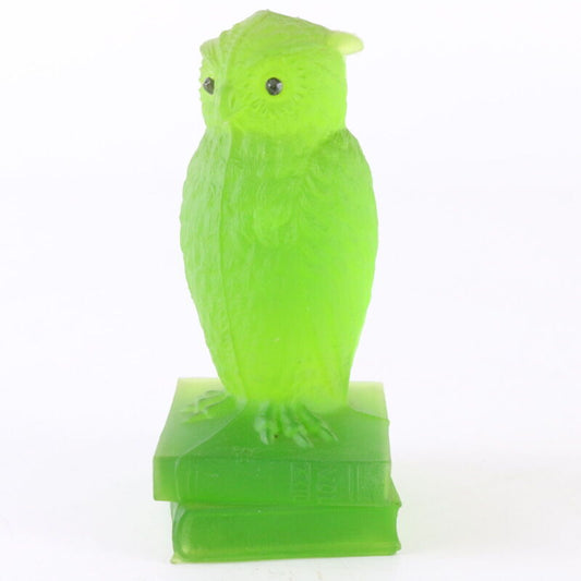 Vintage Frosted Green Westmoreland Glass Owl on Books Rhinestone Eyes 3.5"