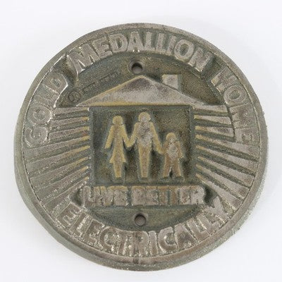 Vintage NEMA Gold Medallion Home Live Better Electrically Metal Medallion 3"