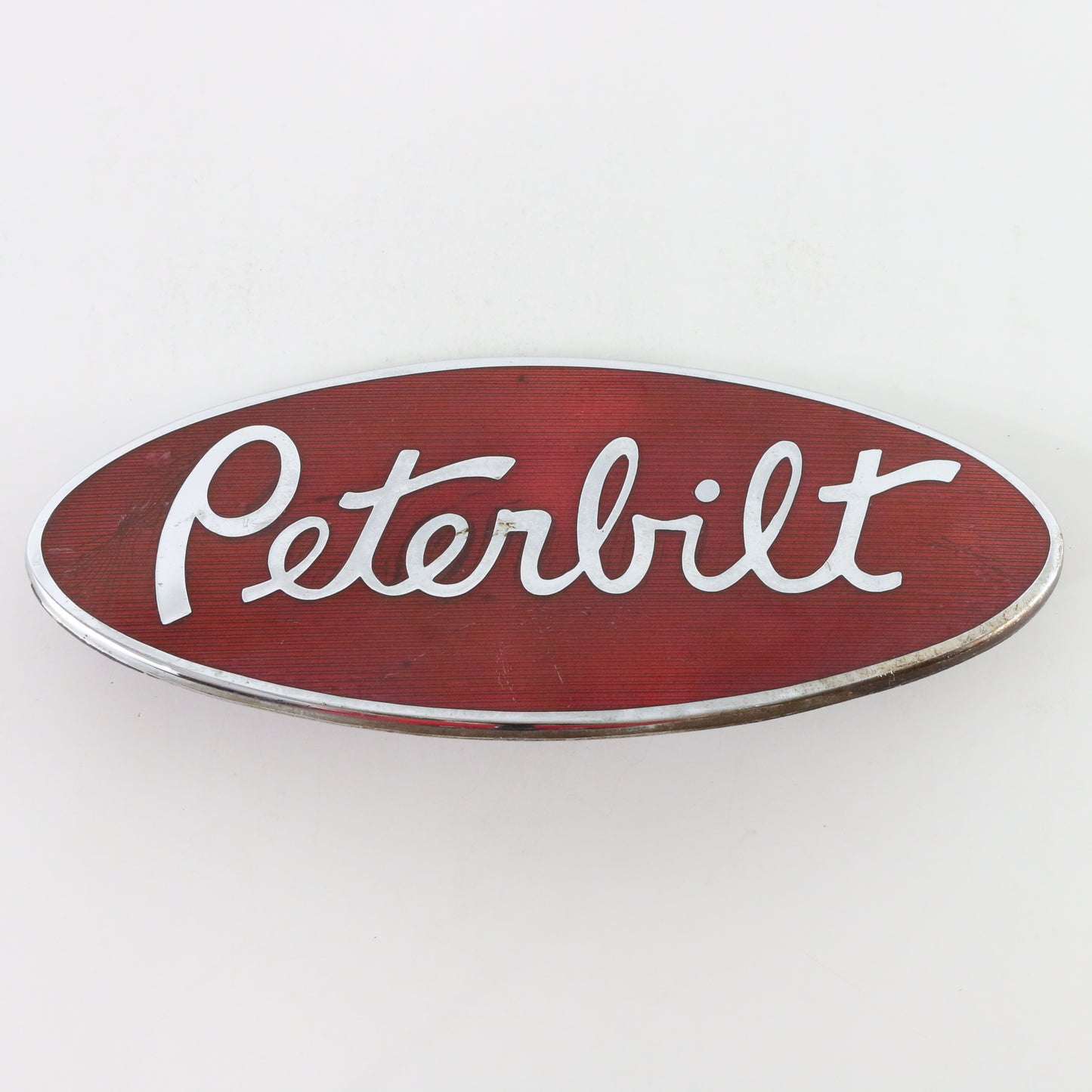 Vintage Peterbilt Truck Metal Red & Silver Automobile Badge Emblem