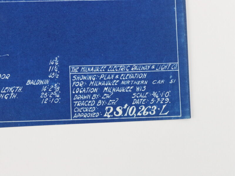 Milwaukee Electric Plan & Elevation Northern Car 51 Trolley Blueprint 1929 11"