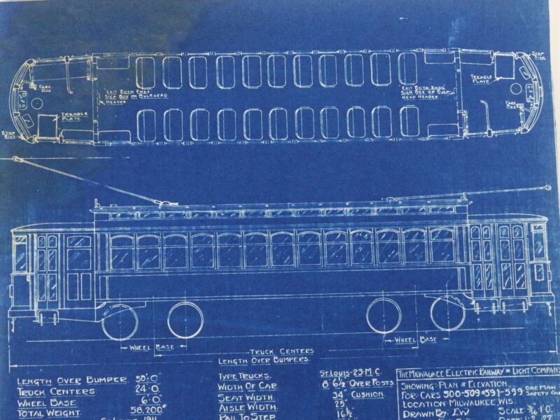 Milwaukee Electric Plan & Elevation 500-509 591-599 Trolley Blueprint 1927 9.75"