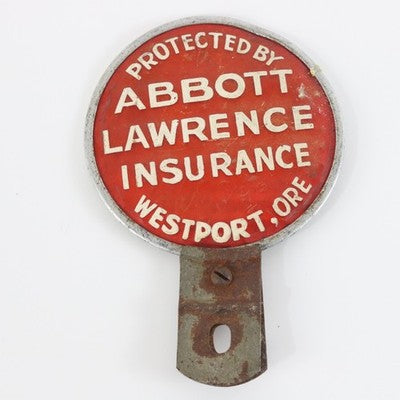 Vintage Abbott Lawrence Insurance Metal License Plate Topper Westport OR 5"