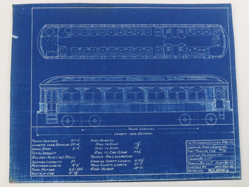 Milwaukee Electric Plan & Elevation Parlor Car 98 Trolley Blueprint 1923 11"