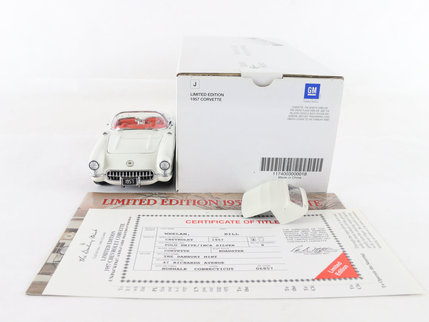1957 Chevy Corvette Roadster Limited White Silver Danbury Mint 1:24 Diecast 2678