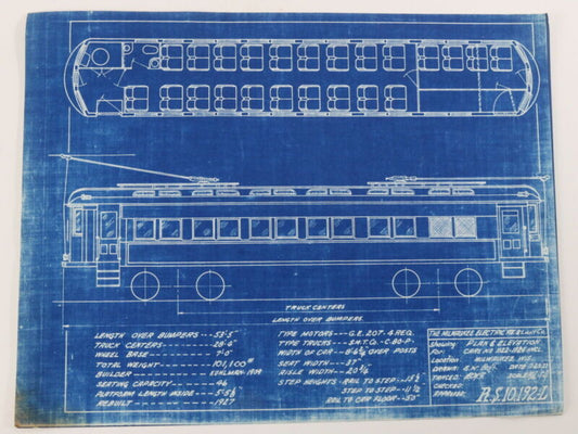 Milwaukee Electric Plan & Elevation Car 1122-1124 Trolley Blueprint 1927 11"