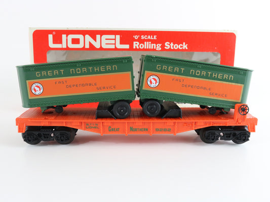 Lionel O 6-9282 Great Northern GN 9282 Piggyback Flat Car W/ Trailers colorful GN intermodal flat car set