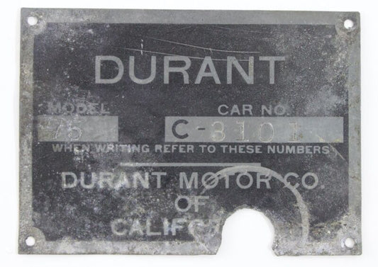 Durant Motor Co. Of California Model 75 Car No. C-3101 3.5��� Metal Badge