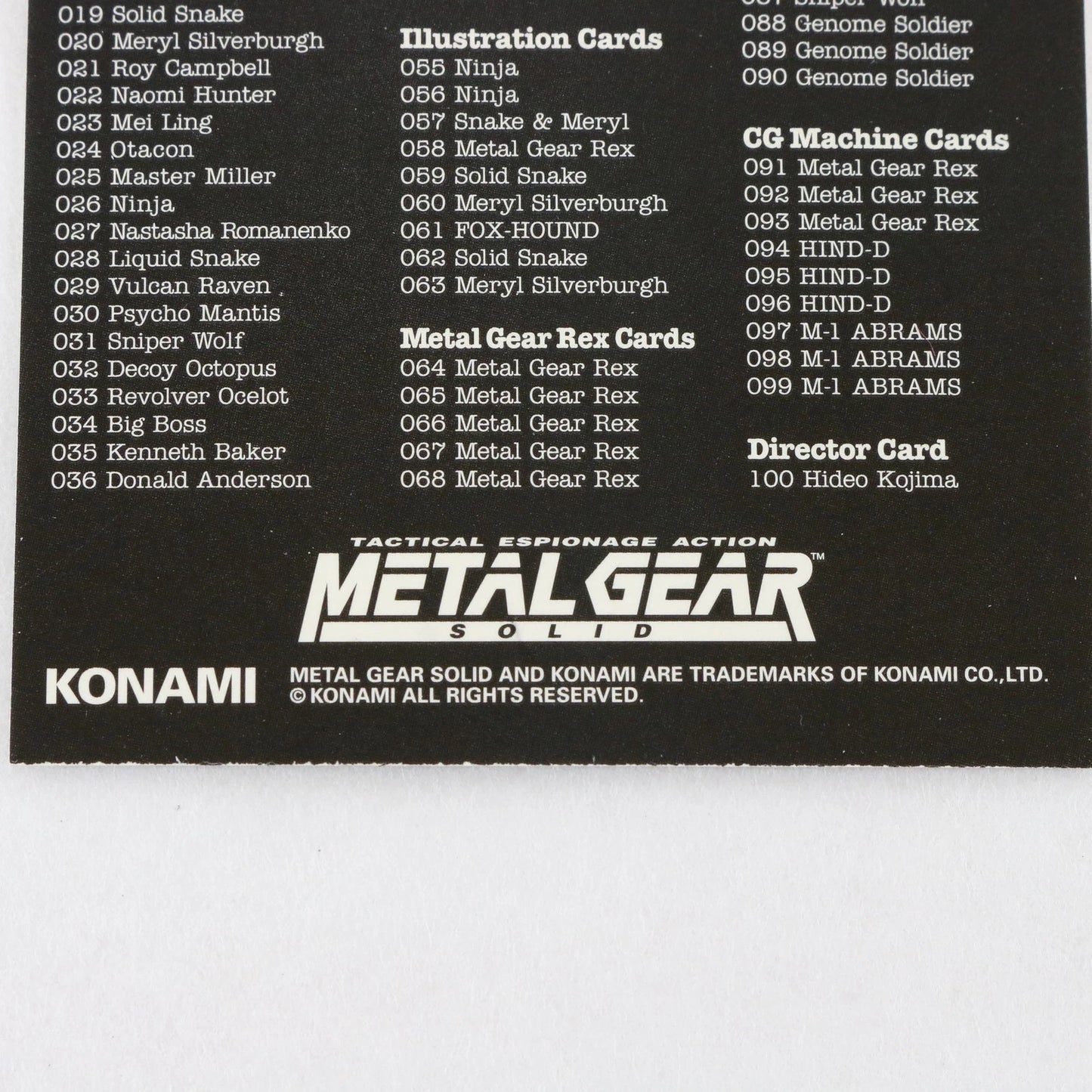 Metal Gear Solid Trading Card Checklist Snake In Cover Konami Playstation